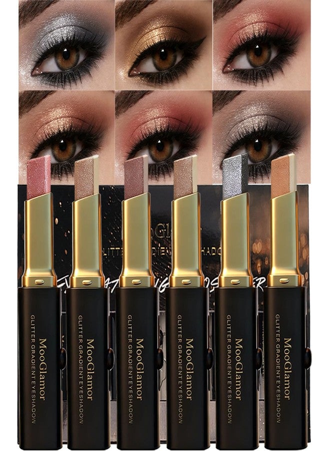 MooGlamor 6 Pcs Glitter Eye Shadow Stick Shimmer Eye Shadow Set with Two-Color Gradient and Waterproof Eyeshadow Pen for Long Lasting Eye Makeup Gift - Image 1